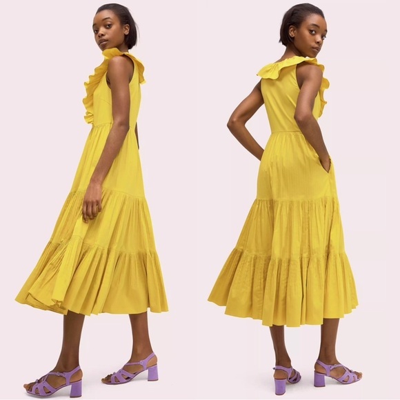 Kate Spade • Poplin Ruffle Tiered Dress mustard yellow gold cotton maxi midi - Picture 9 of 14